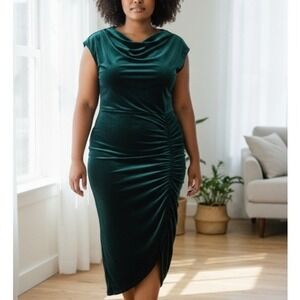 NEW By Anthropologie Maya Green Velvet Cowl Neck Ruched Midi Dress Party Size 3X